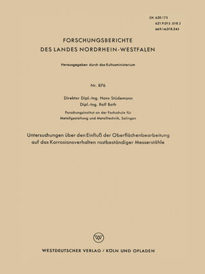cover image of Untersuchungen über den Einfluß der Oberflächenbearbeitung auf das Korrosionsverhalten rostbeständiger Messerstähle